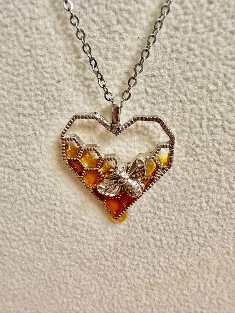Dripping Honey Heart Bee Honeycomb Pendant Necklace 22” Chain
